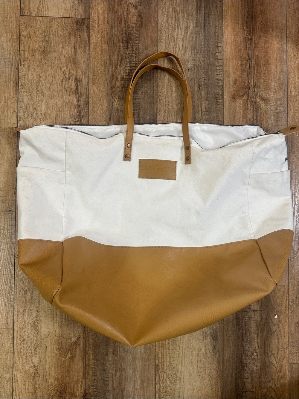 White and Tan Canvas Leather-Trim Tote Bag